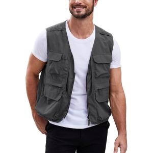 imageGihuo Mens Utility Fishing Vest Lightweight Outdoor Work Safari Travel Cargo Vest with MultiPocketsGrey
