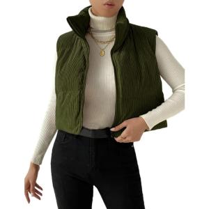 imageGihuo Womens Corduroy Puffer Vest Cropped Stand Collar Zip Up Vest Quilted Sleeveless Jackets GiletArmygreen