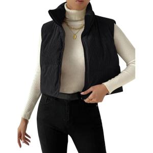 imageGihuo Womens Corduroy Puffer Vest Cropped Stand Collar Zip Up Vest Quilted Sleeveless Jackets GiletBlack