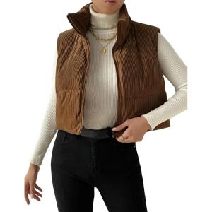 imageGihuo Womens Corduroy Puffer Vest Cropped Stand Collar Zip Up Vest Quilted Sleeveless Jackets GiletBrown