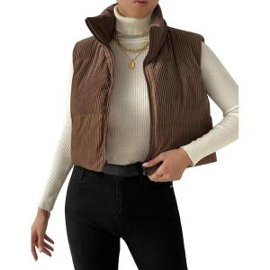 imageGihuo Womens Corduroy Puffer Vest Cropped Stand Collar Zip Up Vest Quilted Sleeveless Jackets GiletCoffee