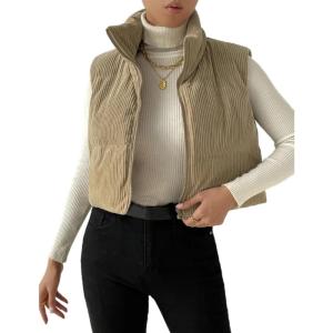 imageGihuo Womens Corduroy Puffer Vest Cropped Stand Collar Zip Up Vest Quilted Sleeveless Jackets GiletKhaki
