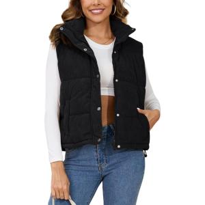 imageGihuo Womens Corduroy Puffer Vest Stand Collar Zip Up Padded Vests Sleeveless Quilted Jackets Snap Gilet with PocketsBlack