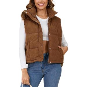 imageGihuo Womens Corduroy Puffer Vest Stand Collar Zip Up Padded Vests Sleeveless Quilted Jackets Snap Gilet with PocketsBrown