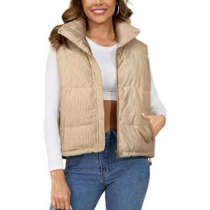 imageGihuo Womens Corduroy Puffer Vest Stand Collar Zip Up Padded Vests Sleeveless Quilted Jackets Snap Gilet with PocketsKhaki