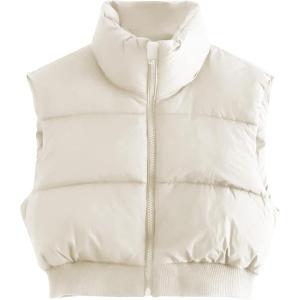 imageGihuo Womens Cropped Puffer Vest Sleeveless Puffer Jacket Padded Gilet Outerwear Winter Full Zip Lightweight CoatBeige