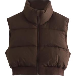 imageGihuo Womens Cropped Puffer Vest Sleeveless Puffer Jacket Padded Gilet Outerwear Winter Full Zip Lightweight CoatCoffee