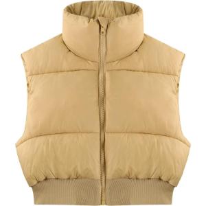 imageGihuo Womens Cropped Puffer Vest Sleeveless Puffer Jacket Padded Gilet Outerwear Winter Full Zip Lightweight CoatKhaki