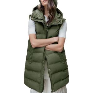 imageGihuo Womens Long Puffer Vest Winter Quilted Hooded Sleeveless Zip Up Long Jacket Vest GiletArmy Green