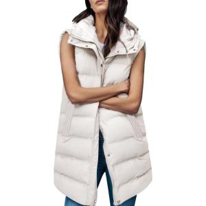 imageGihuo Womens Long Puffer Vest Winter Quilted Hooded Sleeveless Zip Up Long Jacket Vest GiletBeige