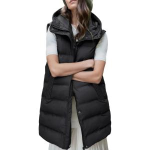 imageGihuo Womens Long Puffer Vest Winter Quilted Hooded Sleeveless Zip Up Long Jacket Vest GiletBlack