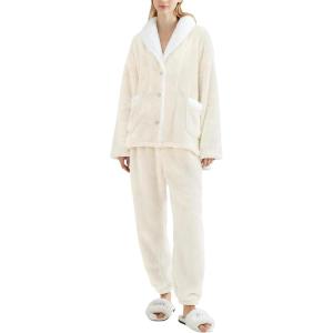 imageGihuo Womens Pajamas Set Fluffy 2 Piece Pjs Fuzzy Top Pants Loose Coral Fleece Loungewear Sleepwear Winter Warm PjBeige