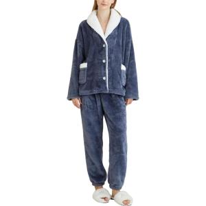 imageGihuo Womens Pajamas Set Fluffy 2 Piece Pjs Fuzzy Top Pants Loose Coral Fleece Loungewear Sleepwear Winter Warm PjDarkblue