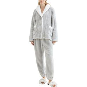 imageGihuo Womens Pajamas Set Fluffy 2 Piece Pjs Fuzzy Top Pants Loose Coral Fleece Loungewear Sleepwear Winter Warm PjLightgrey