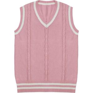imageGihuo Womens Sweater Vest V Neck Uniform Sleeveless Knitted School JK Pullover Tops ClassicPink