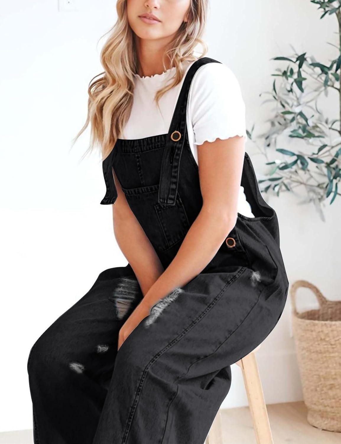 imageGihuo Womens Distressed Denim Overalls Relaxed Fit Washed Wide Leg Adjustable Straps OverallsBlack