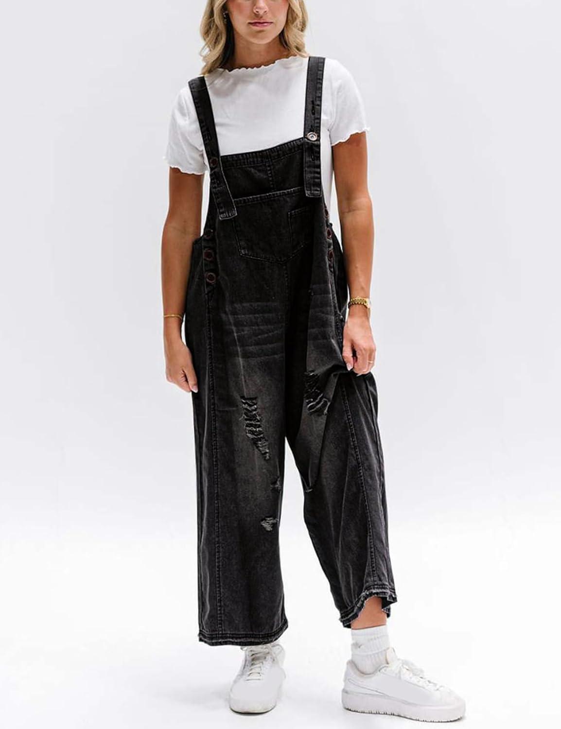 imageGihuo Womens Distressed Denim Overalls Relaxed Fit Washed Wide Leg Adjustable Straps OverallsBlack