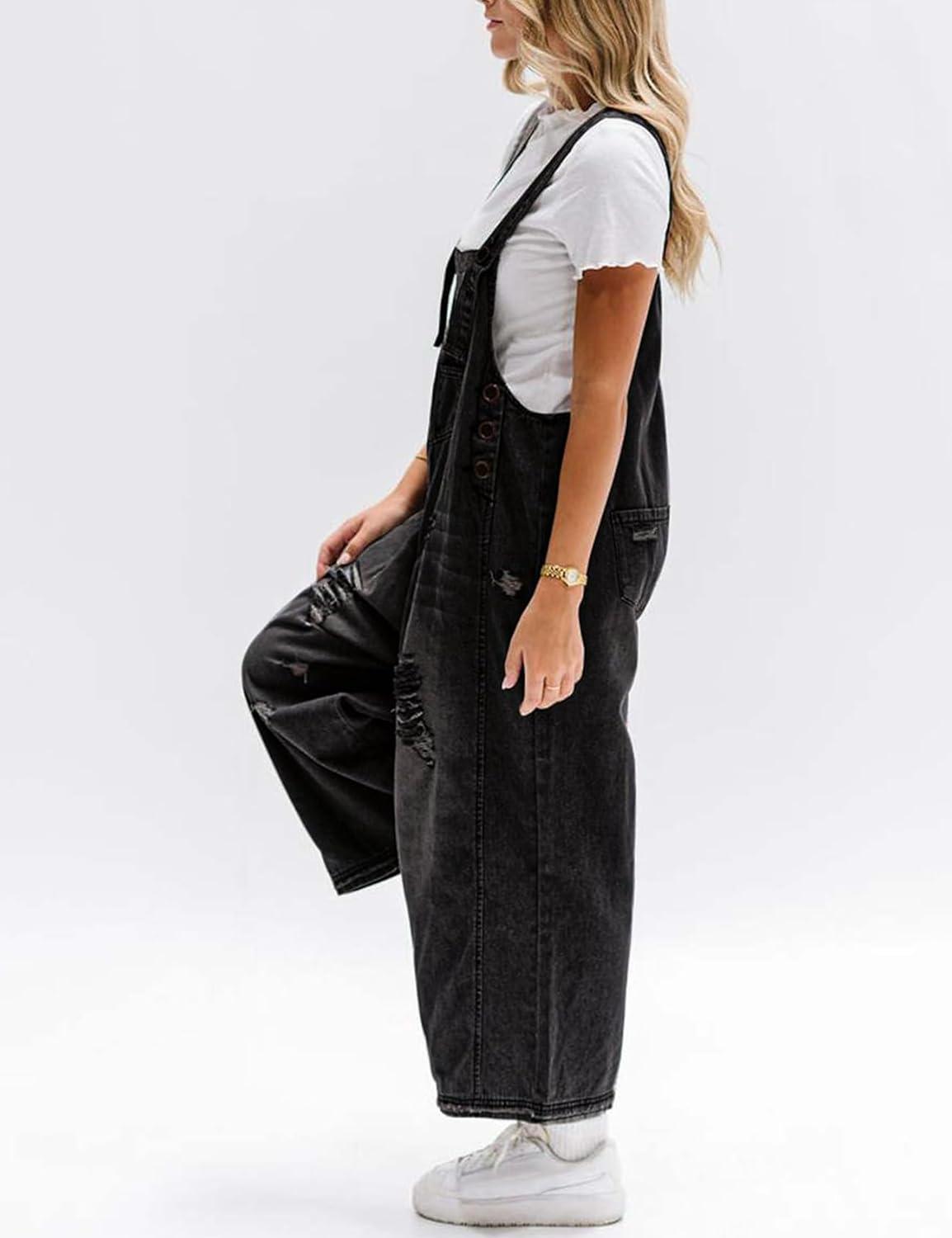 imageGihuo Womens Distressed Denim Overalls Relaxed Fit Washed Wide Leg Adjustable Straps OverallsBlack
