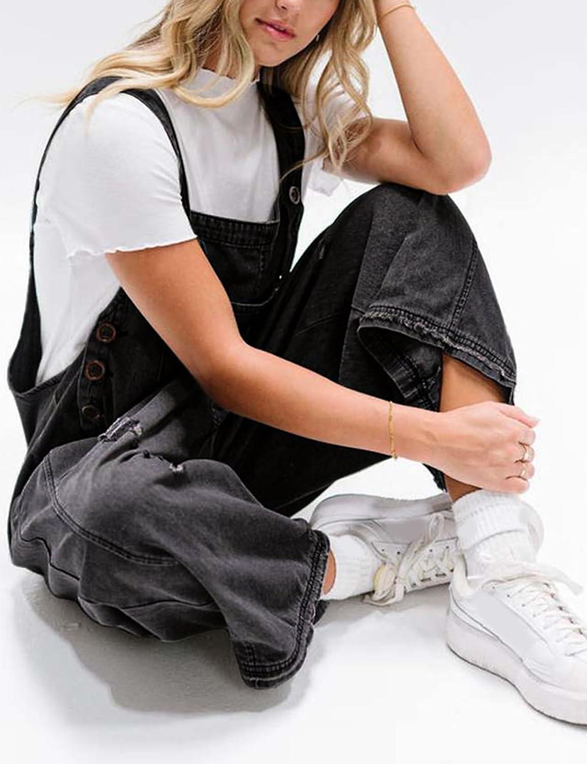 imageGihuo Womens Distressed Denim Overalls Relaxed Fit Washed Wide Leg Adjustable Straps OverallsBlack