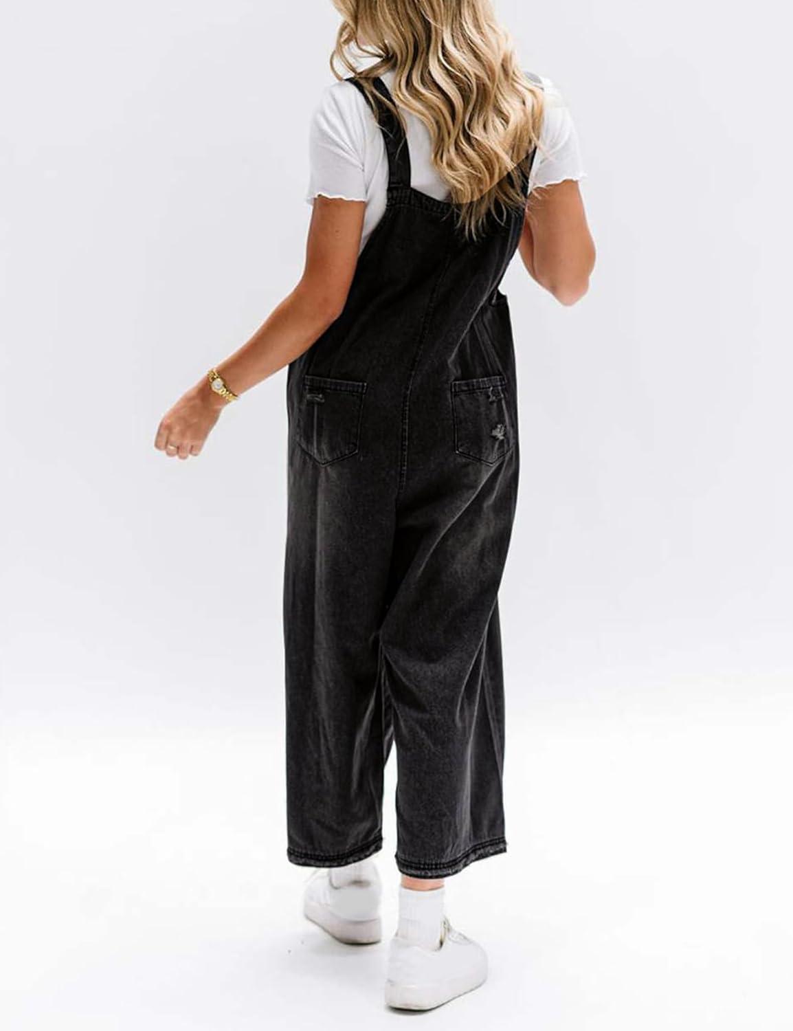 imageGihuo Womens Distressed Denim Overalls Relaxed Fit Washed Wide Leg Adjustable Straps OverallsBlack