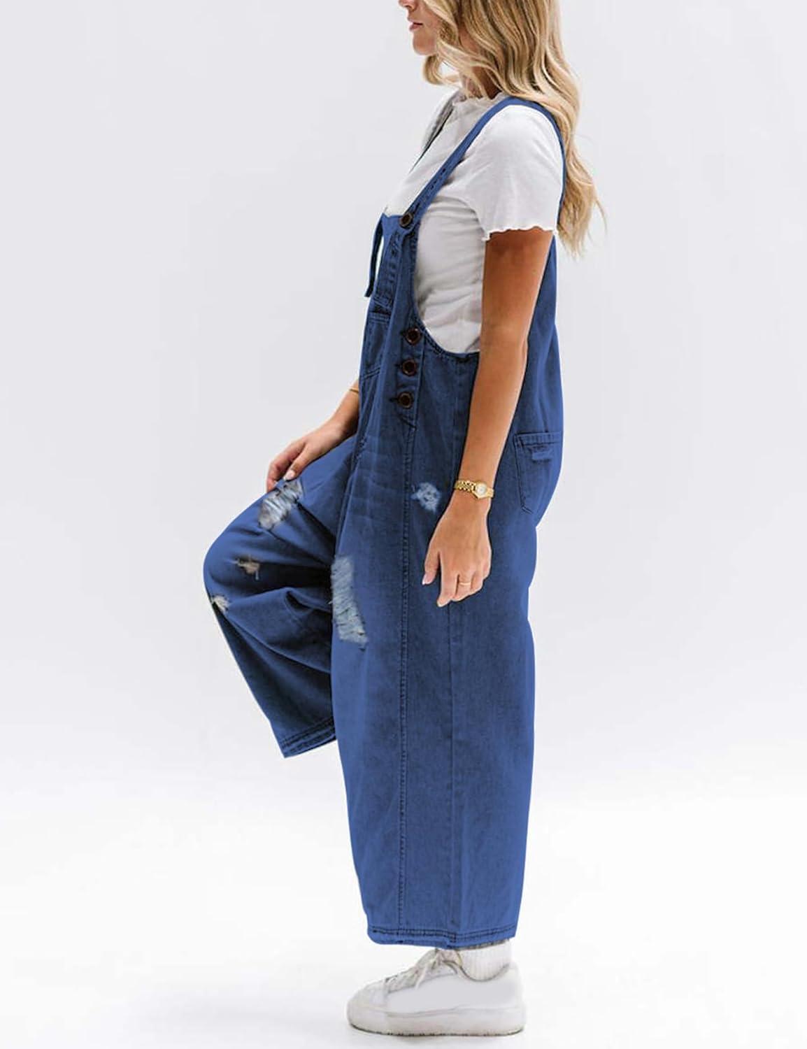 imageGihuo Womens Distressed Denim Overalls Relaxed Fit Washed Wide Leg Adjustable Straps OverallsDarkblue