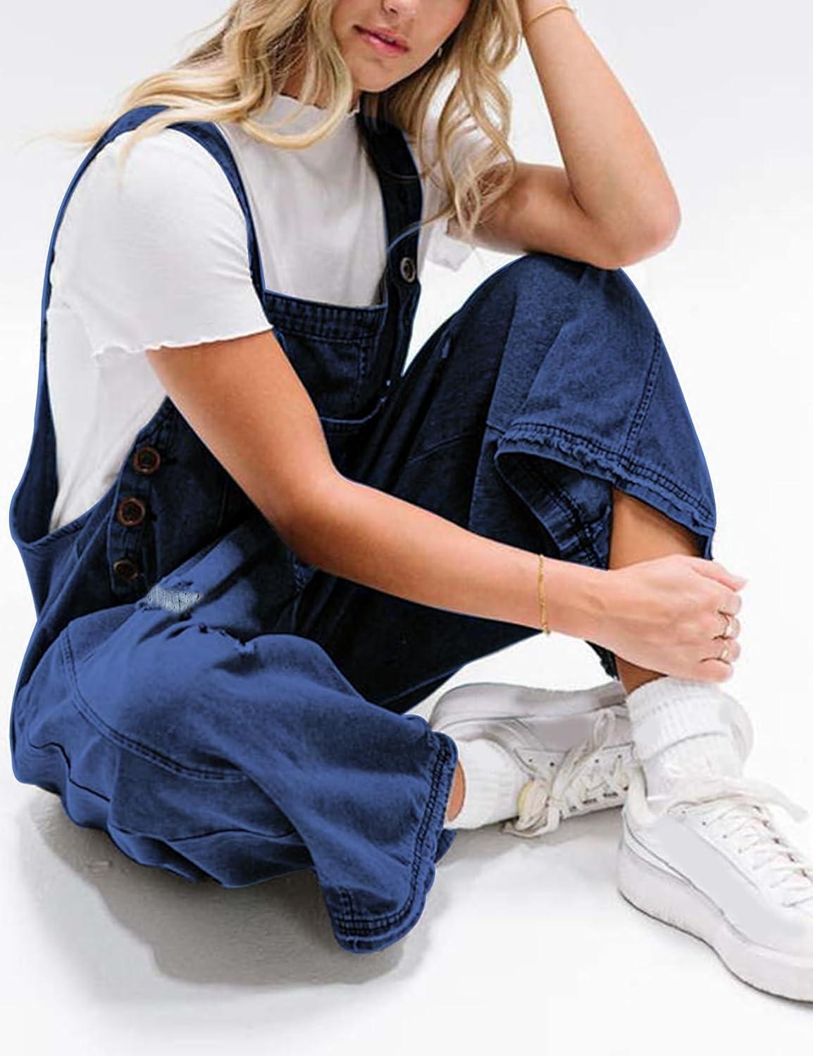 imageGihuo Womens Distressed Denim Overalls Relaxed Fit Washed Wide Leg Adjustable Straps OverallsDarkblue