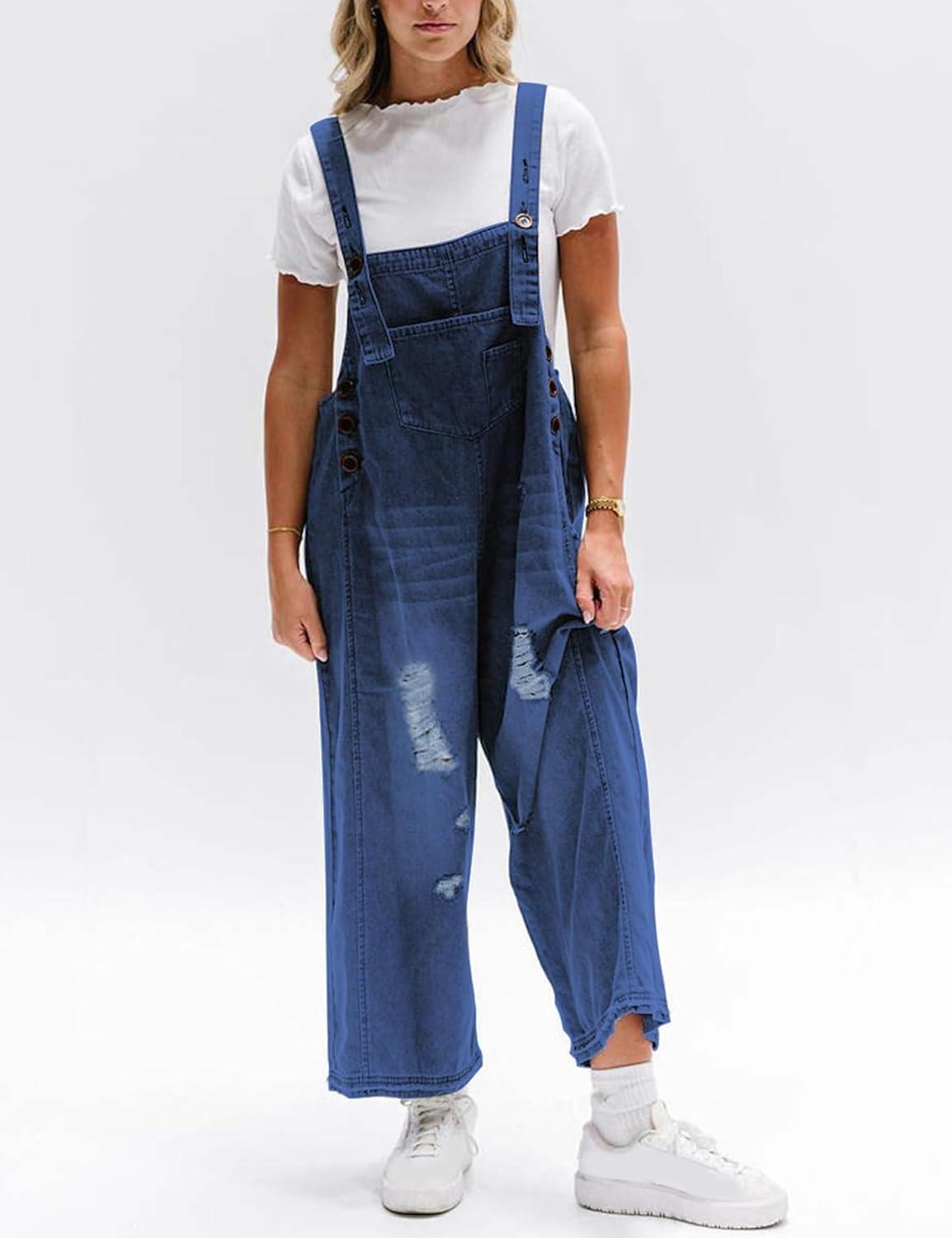 imageGihuo Womens Distressed Denim Overalls Relaxed Fit Washed Wide Leg Adjustable Straps OverallsDarkblue