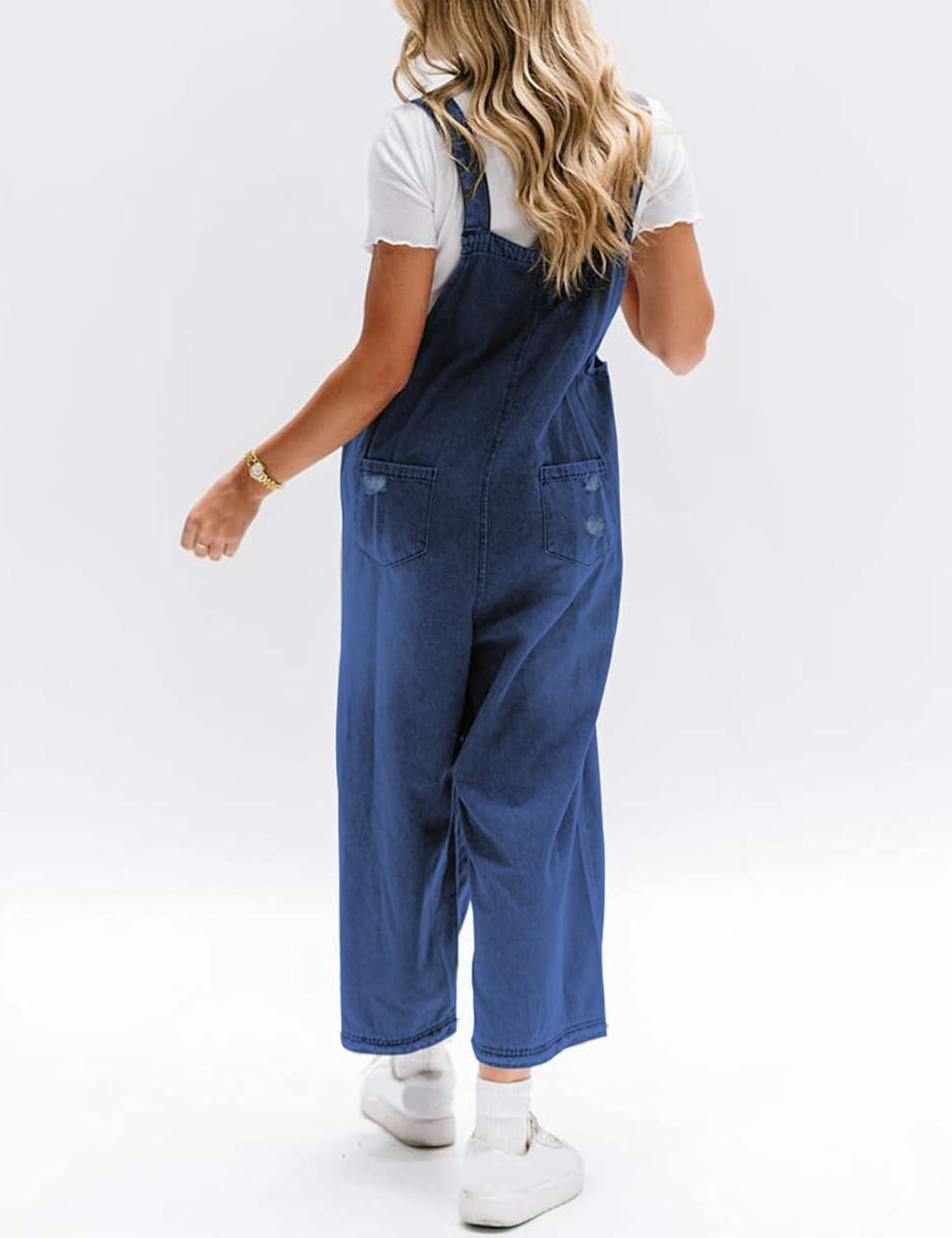 imageGihuo Womens Distressed Denim Overalls Relaxed Fit Washed Wide Leg Adjustable Straps OverallsDarkblue
