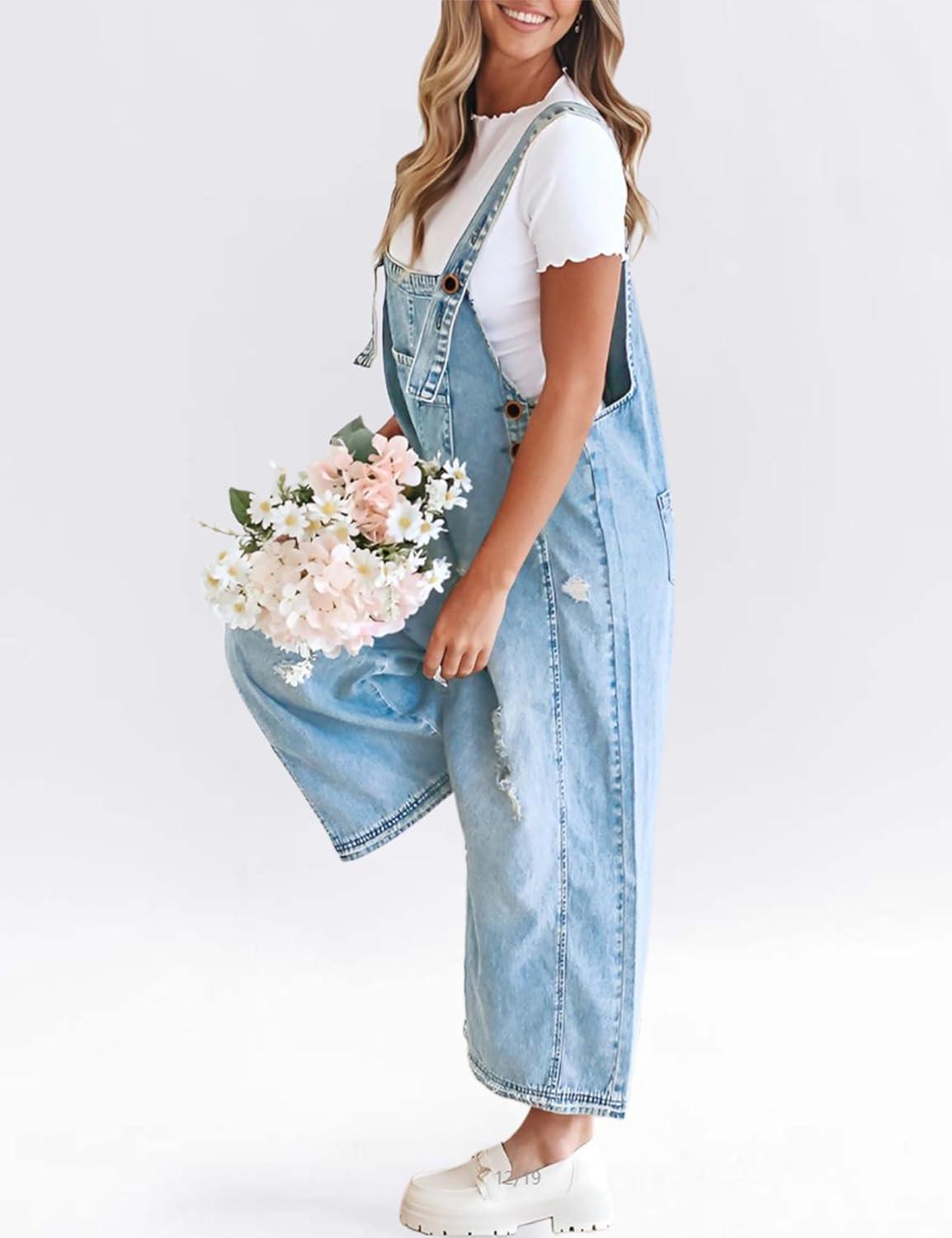 imageGihuo Womens Distressed Denim Overalls Relaxed Fit Washed Wide Leg Adjustable Straps OverallsLightblue