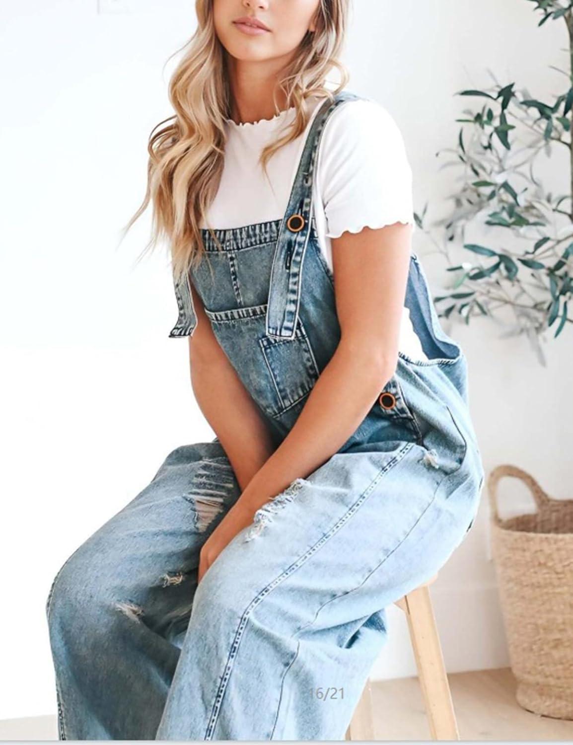 imageGihuo Womens Distressed Denim Overalls Relaxed Fit Washed Wide Leg Adjustable Straps OverallsLightblue