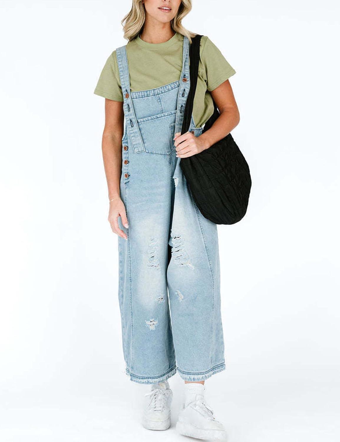 imageGihuo Womens Distressed Denim Overalls Relaxed Fit Washed Wide Leg Adjustable Straps OverallsLightblue