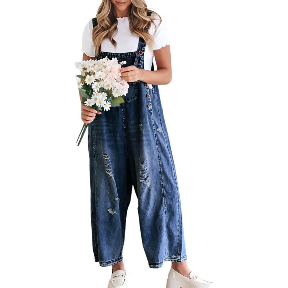 imageGihuo Womens Distressed Denim Overalls Relaxed Fit Washed Wide Leg Adjustable Straps OverallsDarkblue