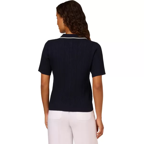 Adrianna Papell Womens Open VNeck Polo Mix Rib Cable Sweater with Short SleevesNavyIvory