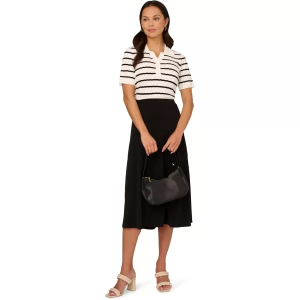 Adrianna Papell Womens Pointelle Short Sleeve Polo Striped VPlacket SweaterIvoryBlack