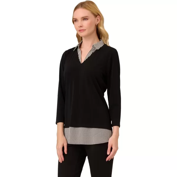 Adrianna Papell Womens Print 34 Sleeve Open VNeck Knit TwoferBlack WBlackIvory Small Stripe