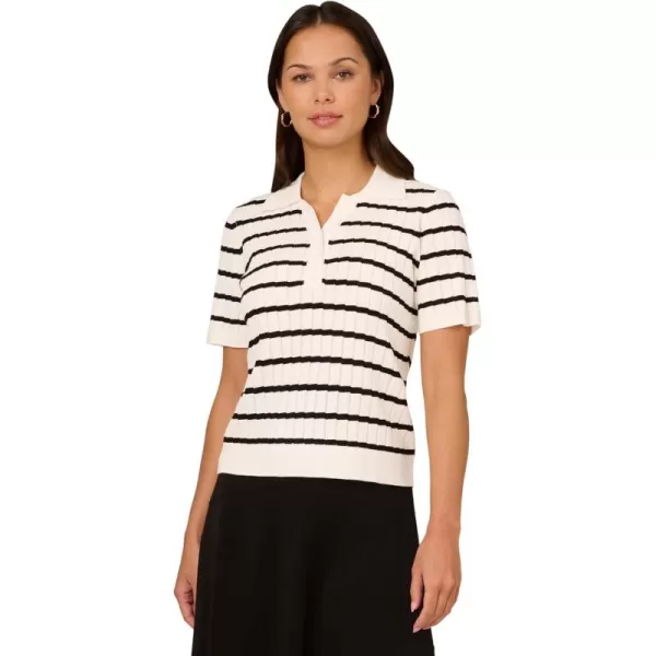 Adrianna Papell Womens Pointelle Short Sleeve Polo Striped VPlacket SweaterIvoryBlack