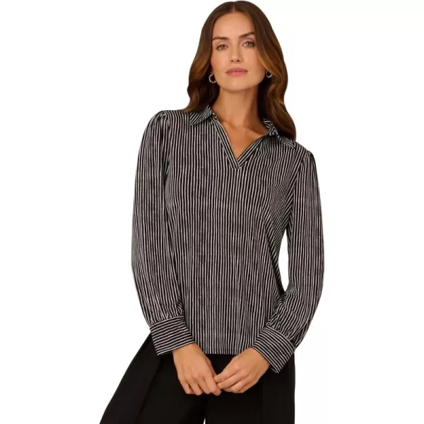 Adrianna Papell Womens Print Collared VNeck Knit TopBlack Ripple Stripe