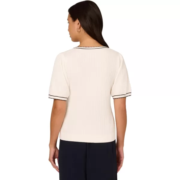 Adrianna Papell Womens Crew Neck Cable Scalloped Edge Tipped Short Sleeve SweaterIvoryBlack