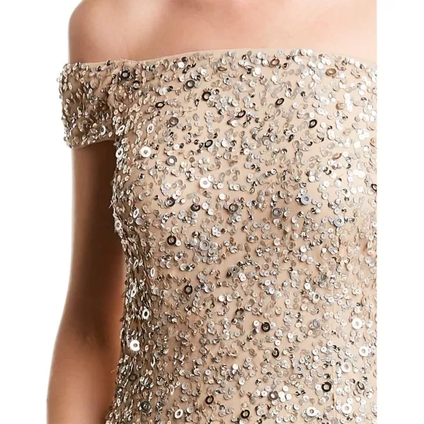 Adrianna Papell Womens Off Shoulder All Over Beaded GownChampagne