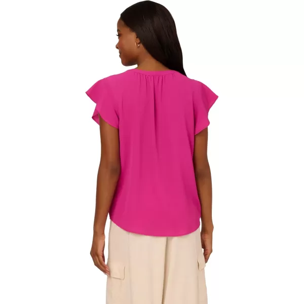 Adrianna Papell Womens Solid Short Ruffle Sleeve Popover BlouseTropical Fuchsia