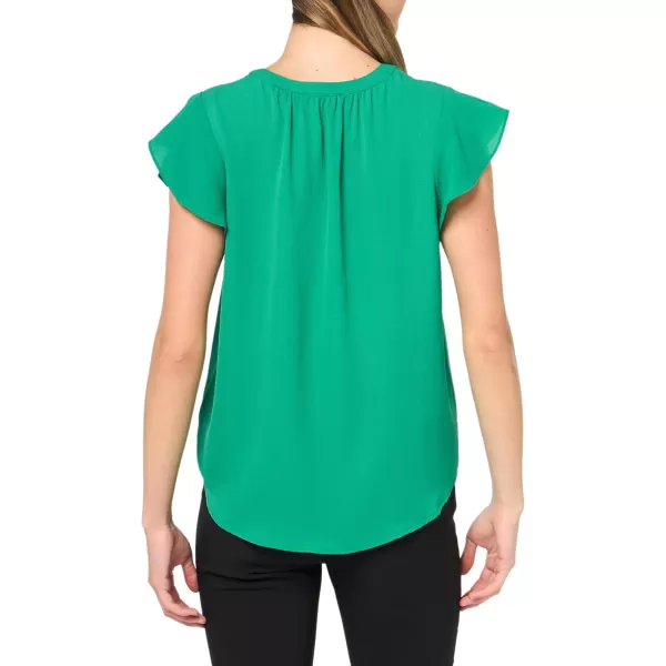 Adrianna Papell Womens Solid Short Ruffle Sleeve Popover BlouseVivid Green