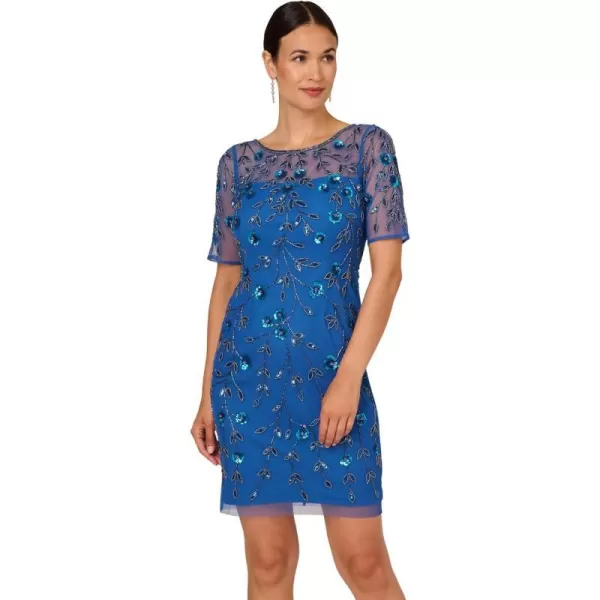 Adrianna Papell Womens Beaded Floral Short DressBlue Horizon