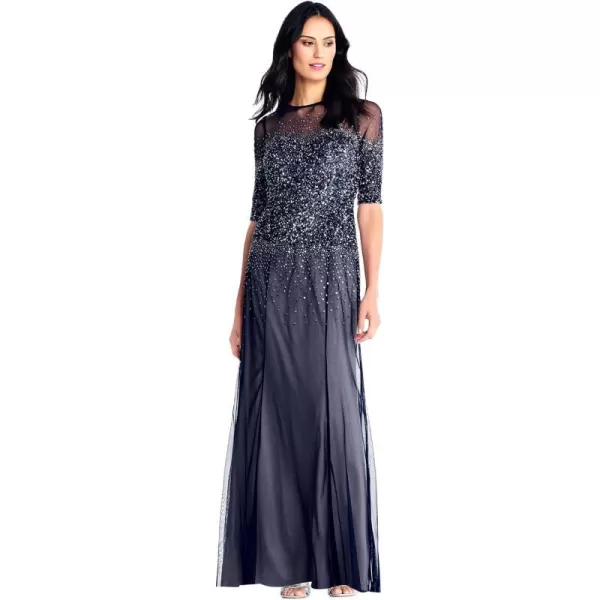 Adrianna Papell Womens Beaded Illusion GownNavy