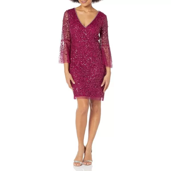 Adrianna Papell Womens Beaded Sequin Bell Sleeve DRSRaspberry Wine