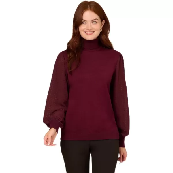 Adrianna Papell Womens Long Woven Sleeve Turtleneck SweaterMaroon