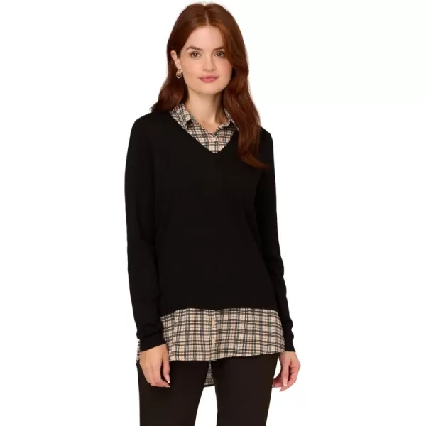 Adrianna Papell Womens Printed VNeck Twofer SweaterBlack WChampblushsmartplaid