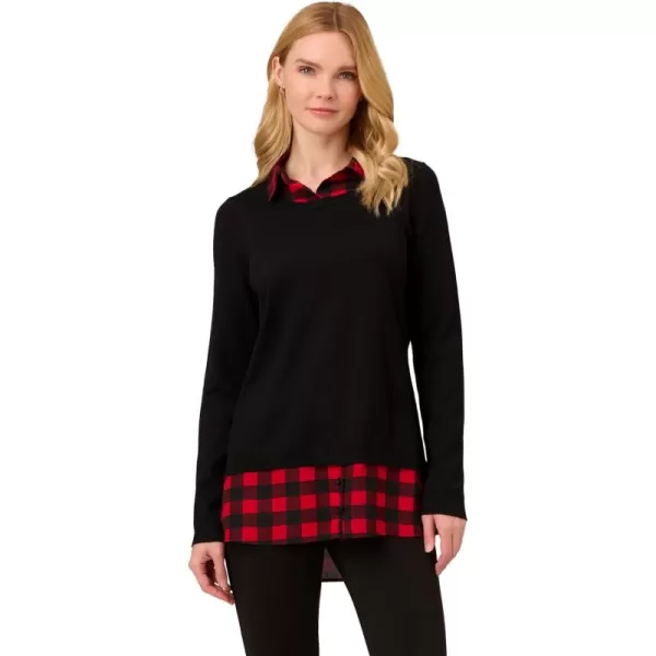 Adrianna Papell Womens Printed VNeck Twofer SweaterBlack WRed Buffalo Plaid