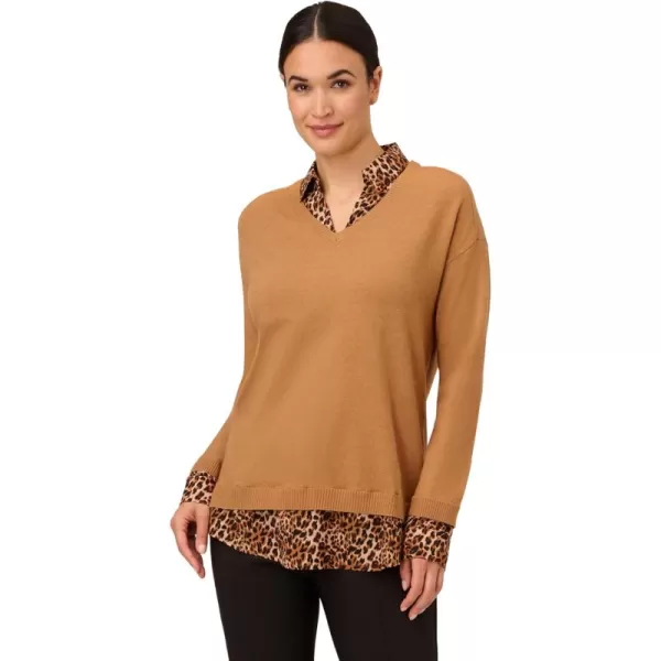 Adrianna Papell Womens Printed Woven Collar TwoferCamel W Basic Cheetah