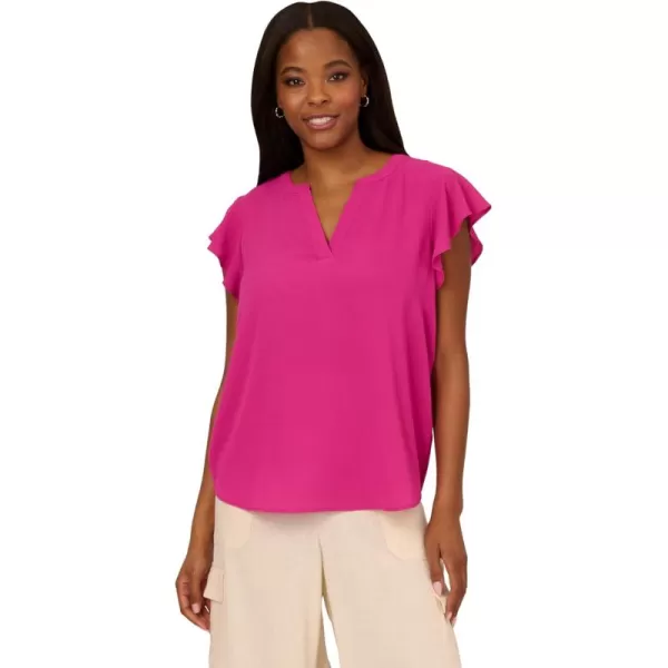 Adrianna Papell Womens Solid Short Ruffle Sleeve Popover BlouseTropical Fuchsia