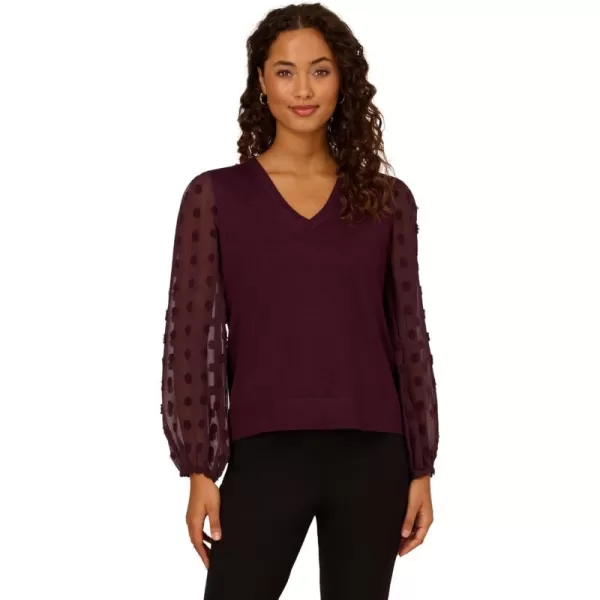 Adrianna Papell Womens V Neck 34 Woven Bubble Sleeve SweaterPlum